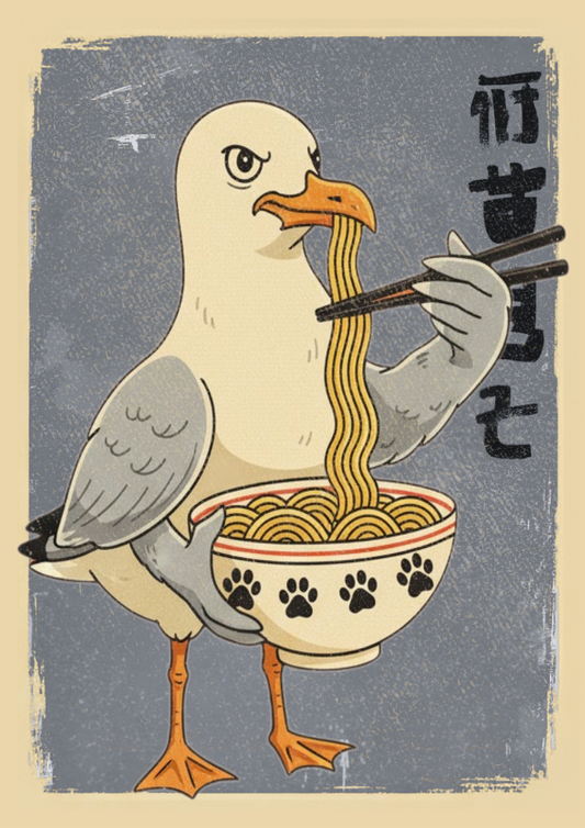Seagull eating ramen with chopsticks on a textured background