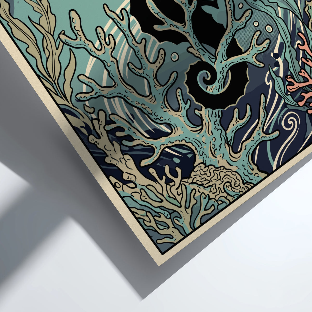 Poster featuring a surreal black three eyed seahorse clinging to coral in teal water