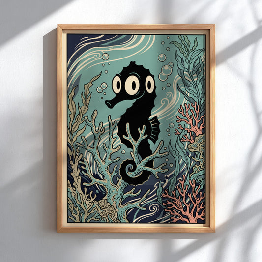 Poster featuring a surreal black three eyed seahorse clinging to coral in teal water