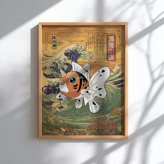 Framed artwork with a stylized Seaking Pokemon and wave design on a light background