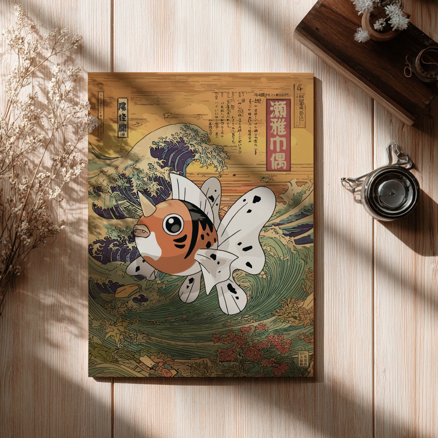 Decorative poster with a Seaking Pokemon illustration on a wooden surface