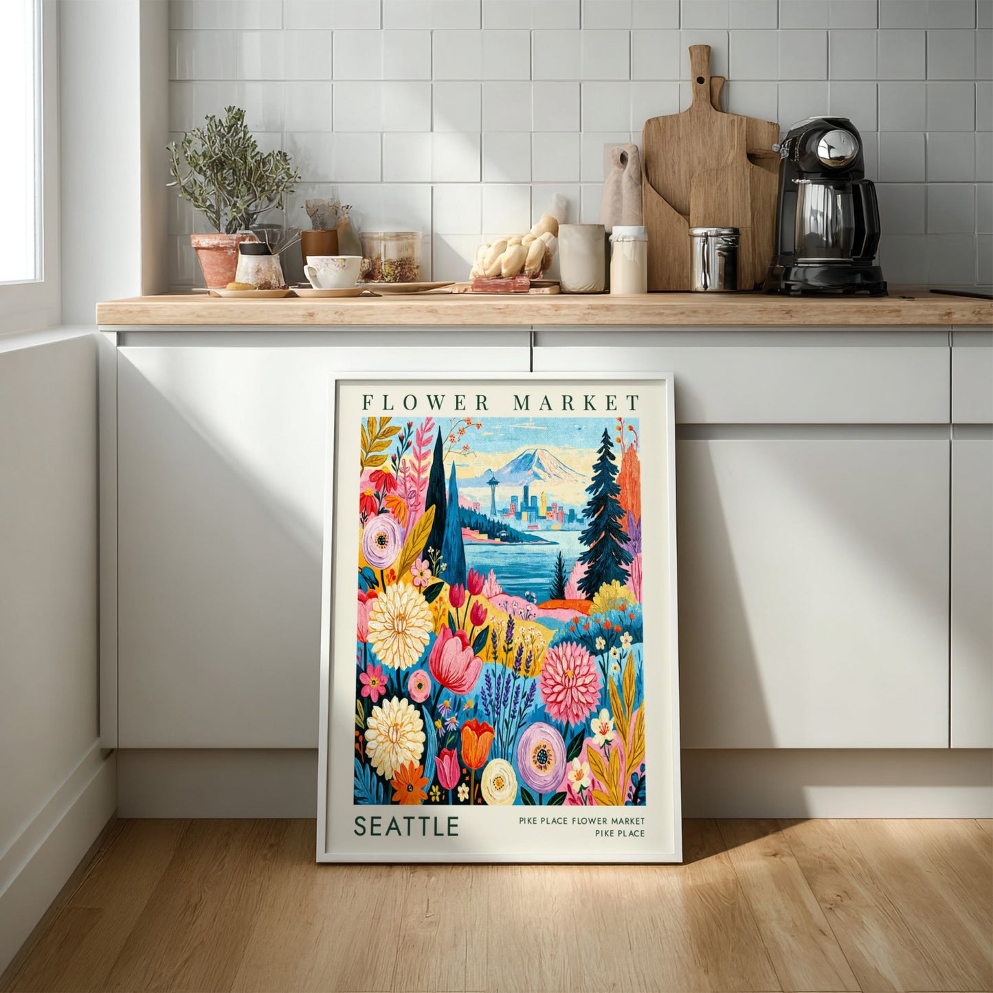 Flower market poster featuring colorful blooms and Seattle skyline