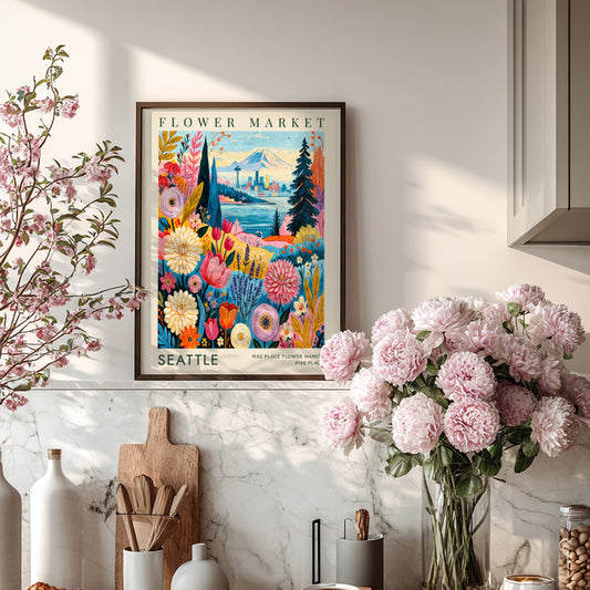 Flower market poster featuring colorful blooms and Seattle skyline