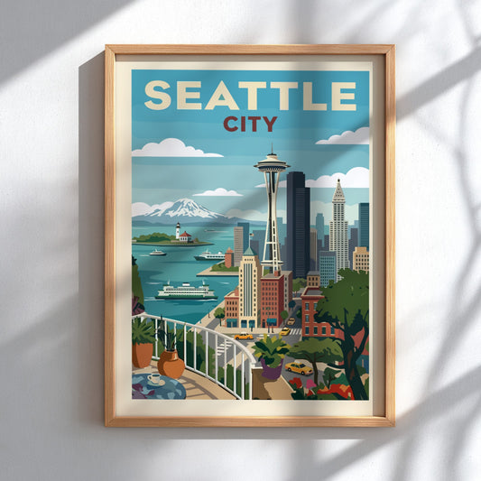Retro illustration of the Seattle city skyline with the Space Needle, ferries, and mountains, rendered in a