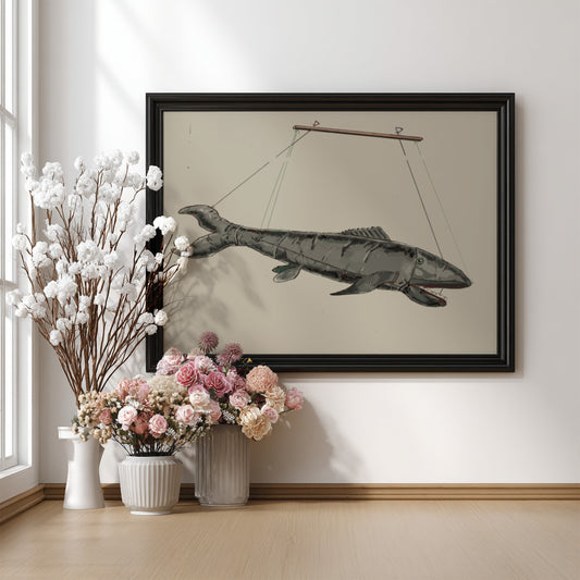 Vintage Shark Puppet illustration by Sebastian Simonet, rendered in grey tones, framed art.