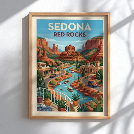 Stylized art print of Sedona's red rocks, river, and buildings in a Southwestern landscape.