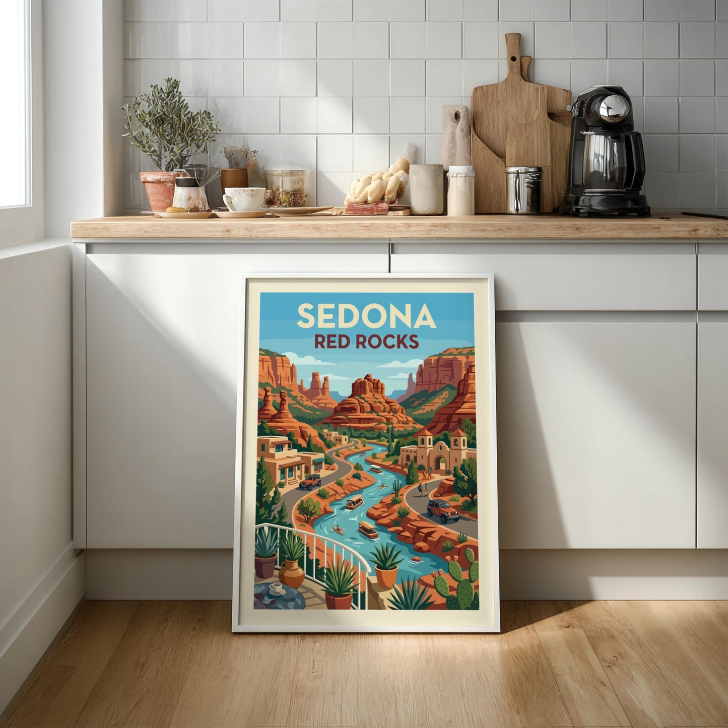 Stylized art print of Sedona's red rocks, river, and buildings in a Southwestern landscape.