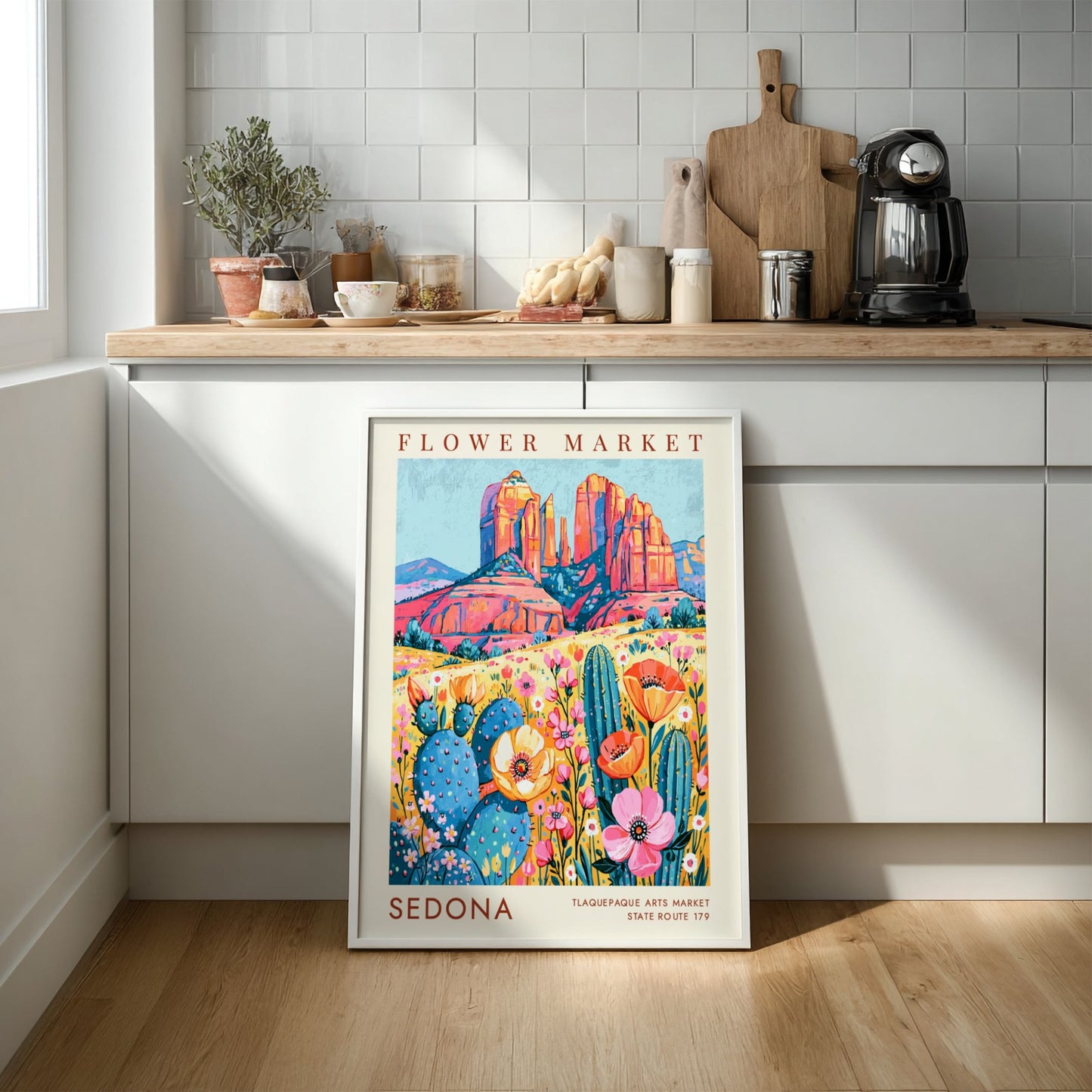 Flower market poster showcasing Sedona's colorful landscape with wildflowers and rock formations