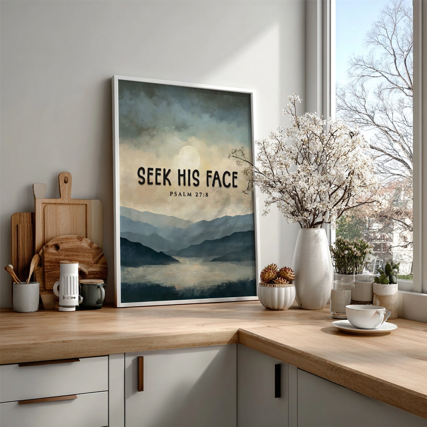 Seek His Face poster featuring a tranquil landscape in soft blue and gray tones with Psalm 27:8 for