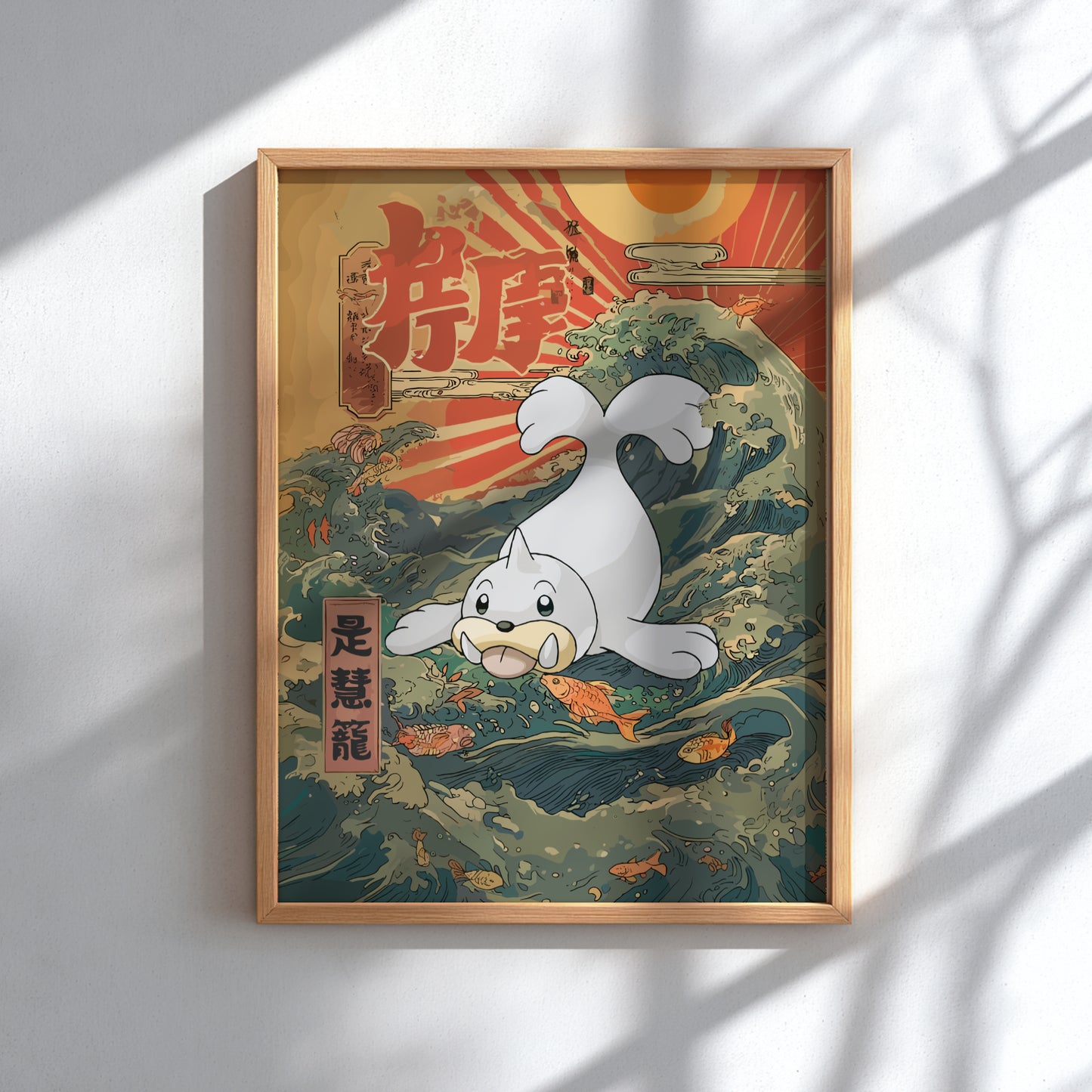 Framed artwork of Seel Pokemon in a Japanese-style setting with waves and fish.