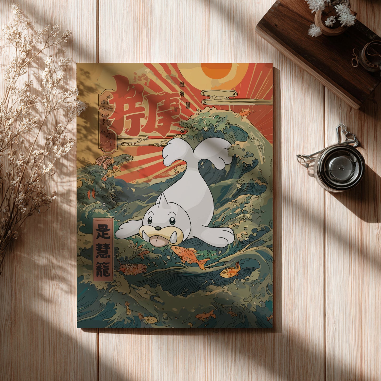 Poster with Seel Pokemon on a wooden surface with a cup and flowers.