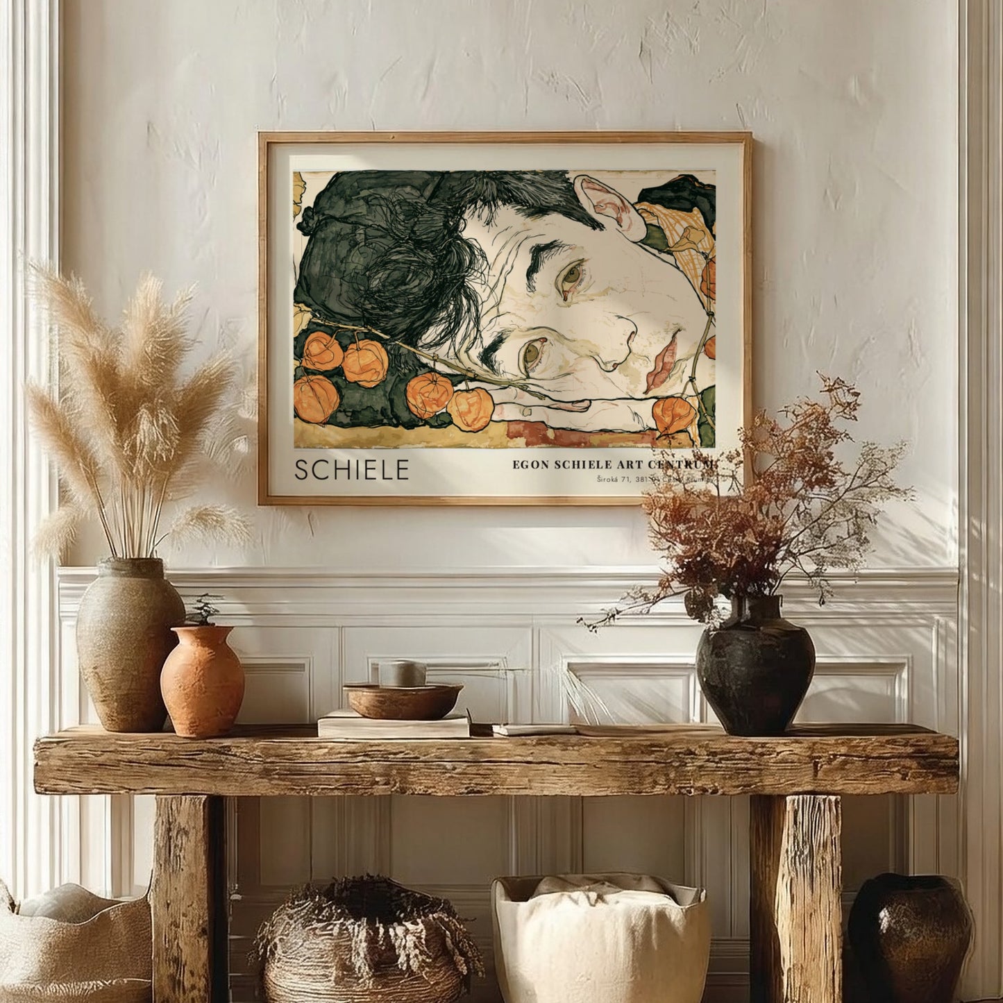 Wall art poster featuring Egon Schiele Self Portrait with Physalis in a wooden frame