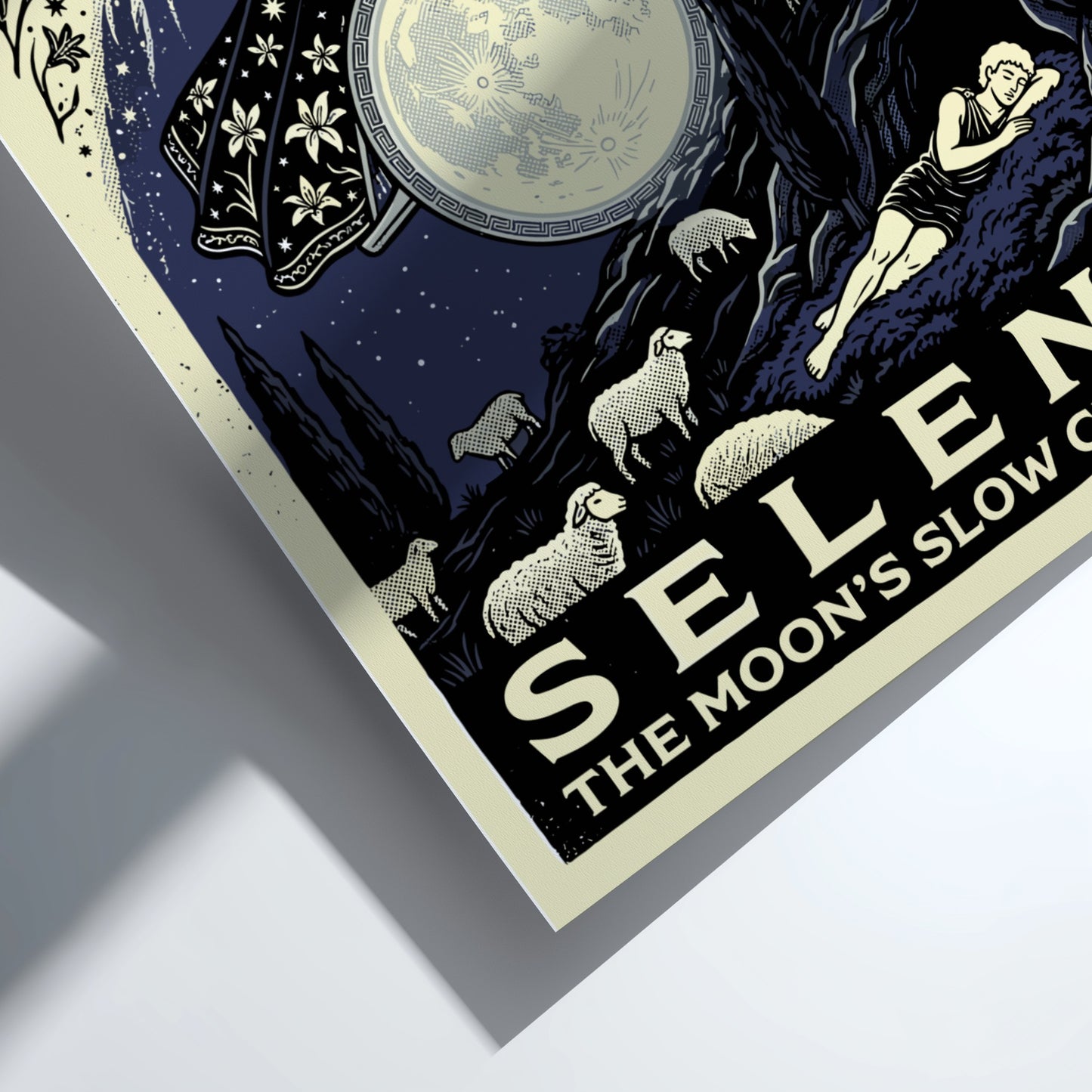 Selene Greek Mythology Poster featuring the moon goddess in her chariot pulled by oxen against a starry night