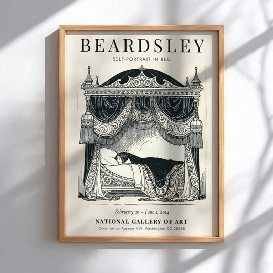 Self-Portrait in Bed poster featuring Aubrey Beardsley's intricate linework and monochrome style