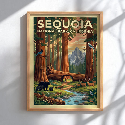 Travel poster of Sequoia National Park featuring towering trees, mountain peaks, and local wildlife.