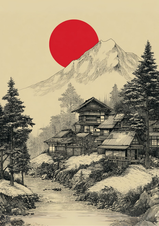 Traditional Japanese house with Mount Fuji and a red sun in the background