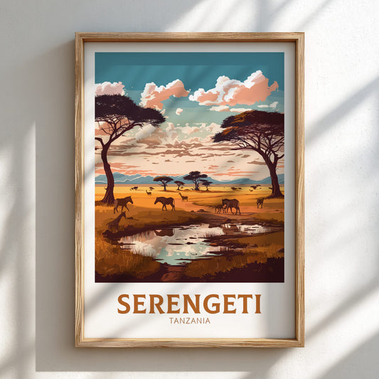 Framed artwork of the Serengeti landscape with trees, animals, and a body of water.