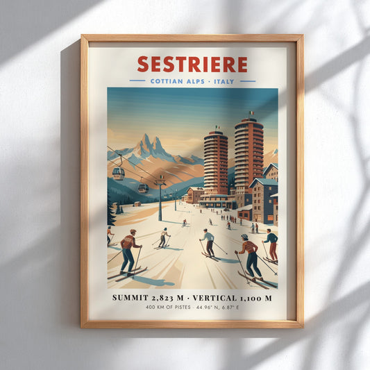 Ski resort poster featuring Sestriere in the Cottian Alps with vintage style and vibrant colors