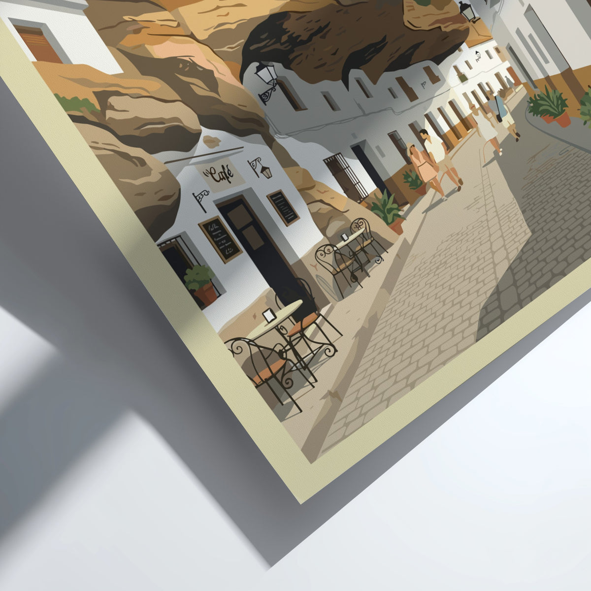 Poster of Setenil de las Bodegas Spain featuring white buildings under massive rock cliffs.