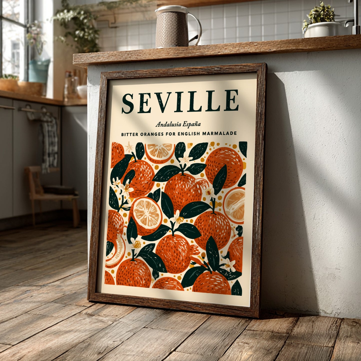 Seville kitchen poster featuring vibrant citrus fruits in warm colors, perfect for kitchen decor