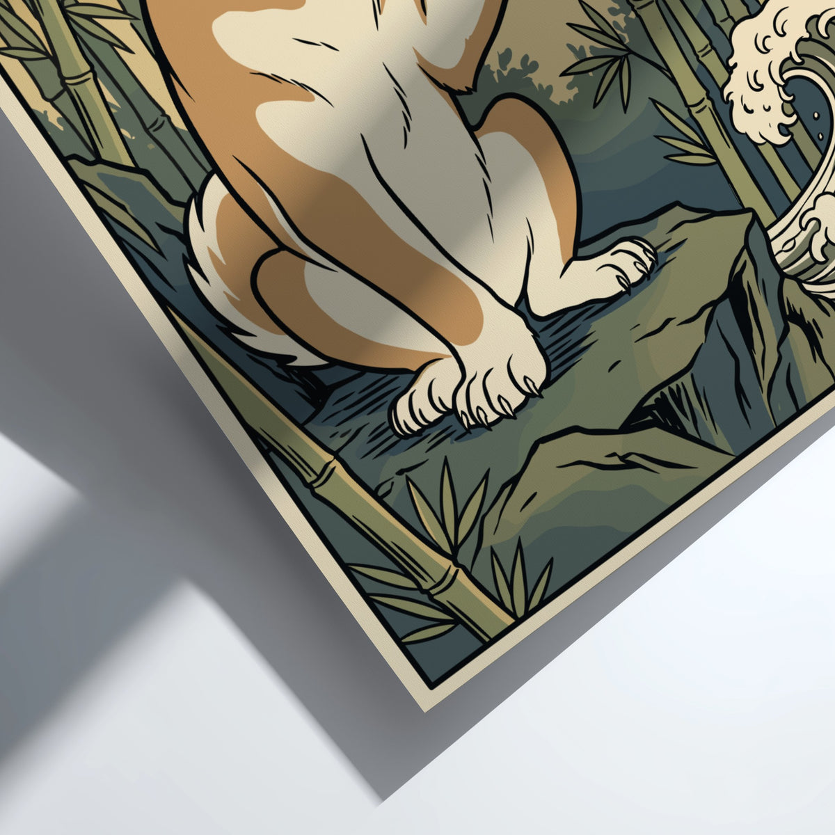 Poster of a Shiba Inu holding a teacup in a bamboo forest, ukiyo-e style.