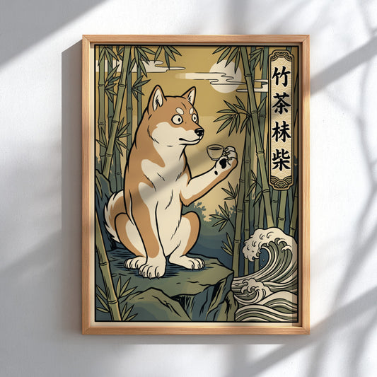 Poster of a Shiba Inu holding a teacup in a bamboo forest, ukiyo-e style.