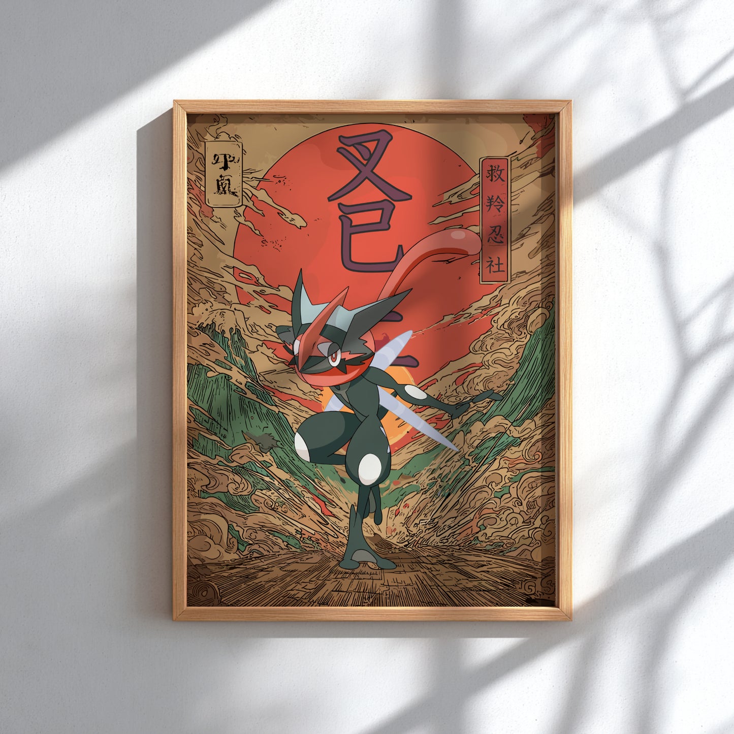 Framed artwork with Shiny Greninja Pokemon character on a wooden background