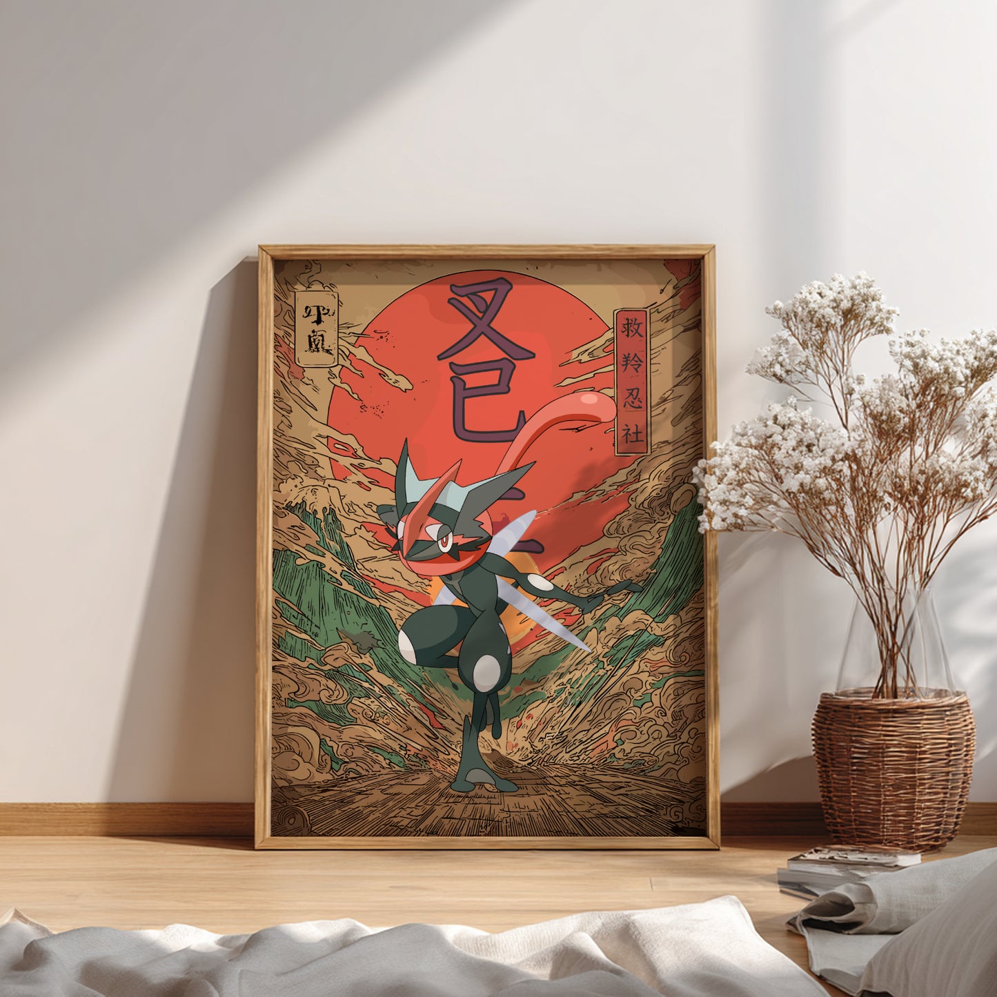 Framed artwork with Shiny Greninja Pokemon character on a mountainous background, placed on a wooden floor.