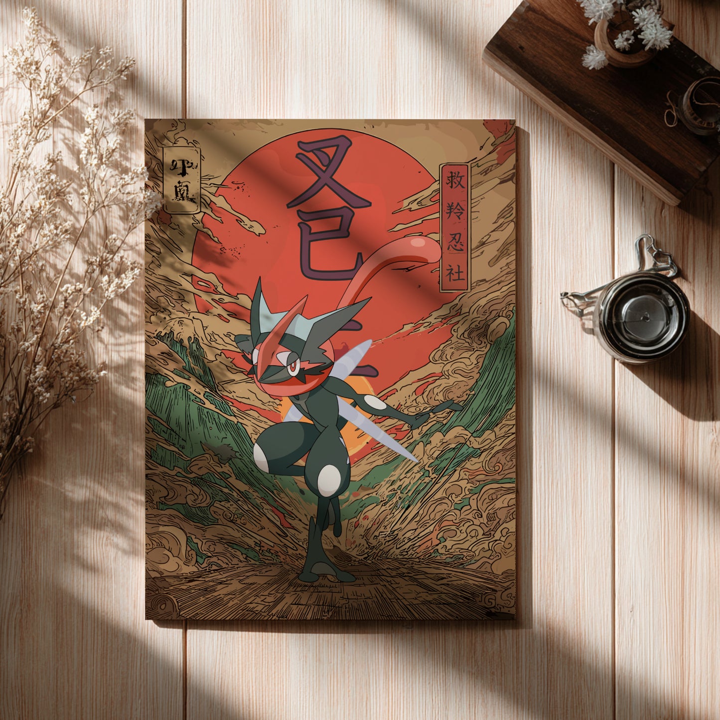 Wooden box with a colorful design of Shiny Greninja Pokemon and Japanese text on a wooden surface.