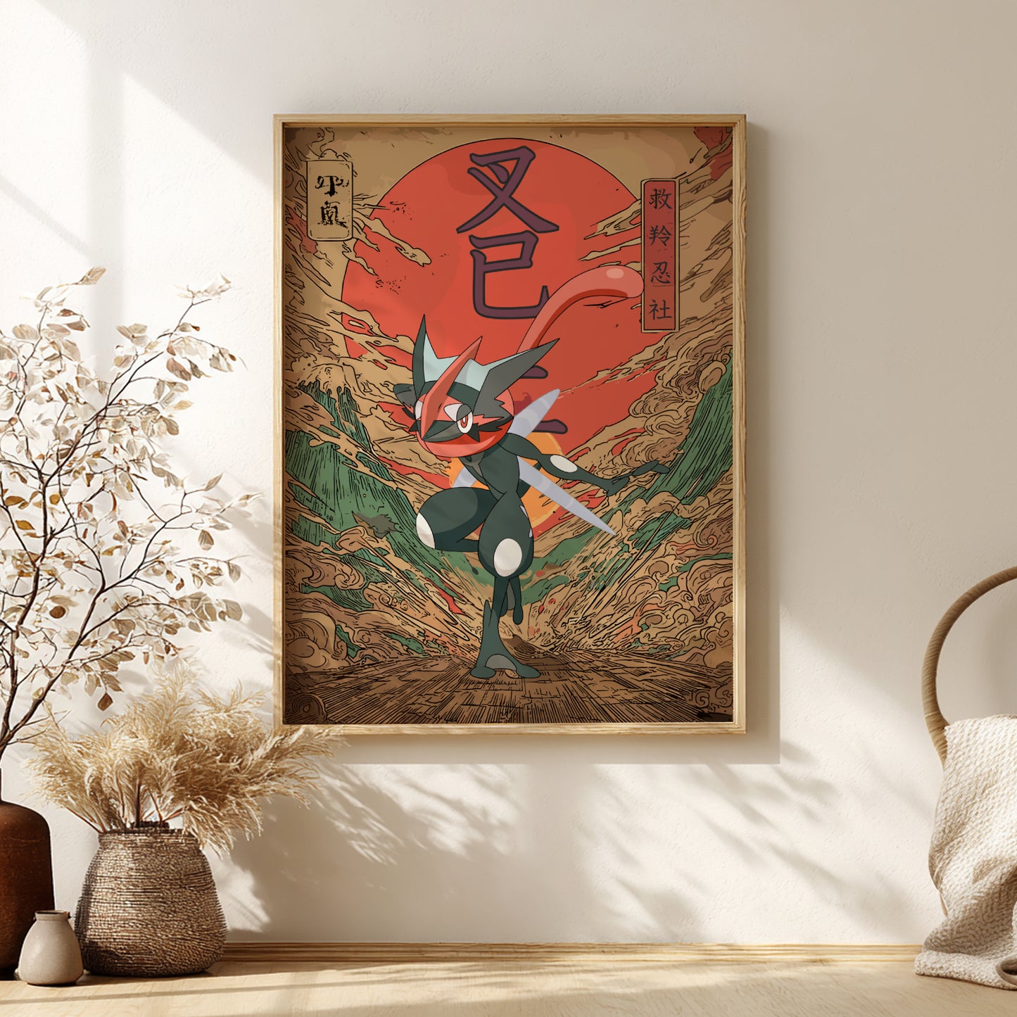 Framed artwork of a stylized Shiny Greninja Pokemon with Japanese text on a wall.