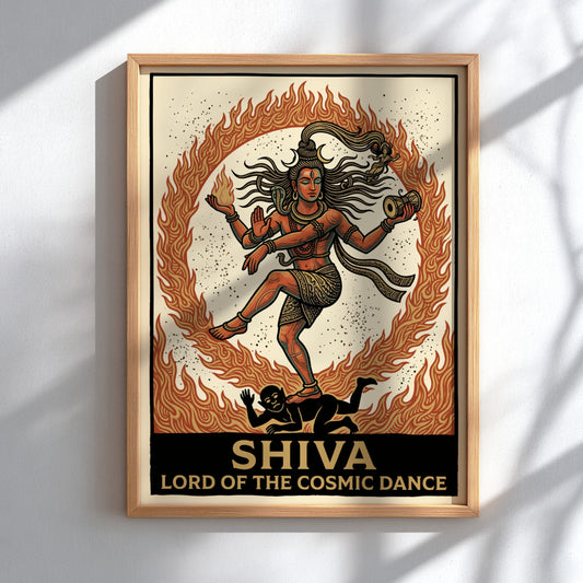 Poster of Shiva Lord of the Cosmic Dance surrounded by flames in warm colours