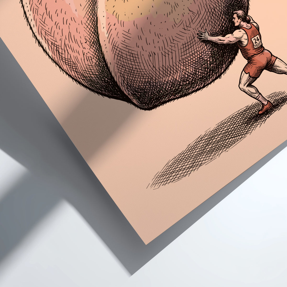 Poster featuring an athlete in a red uniform pushing a giant fuzzy peach fruit.