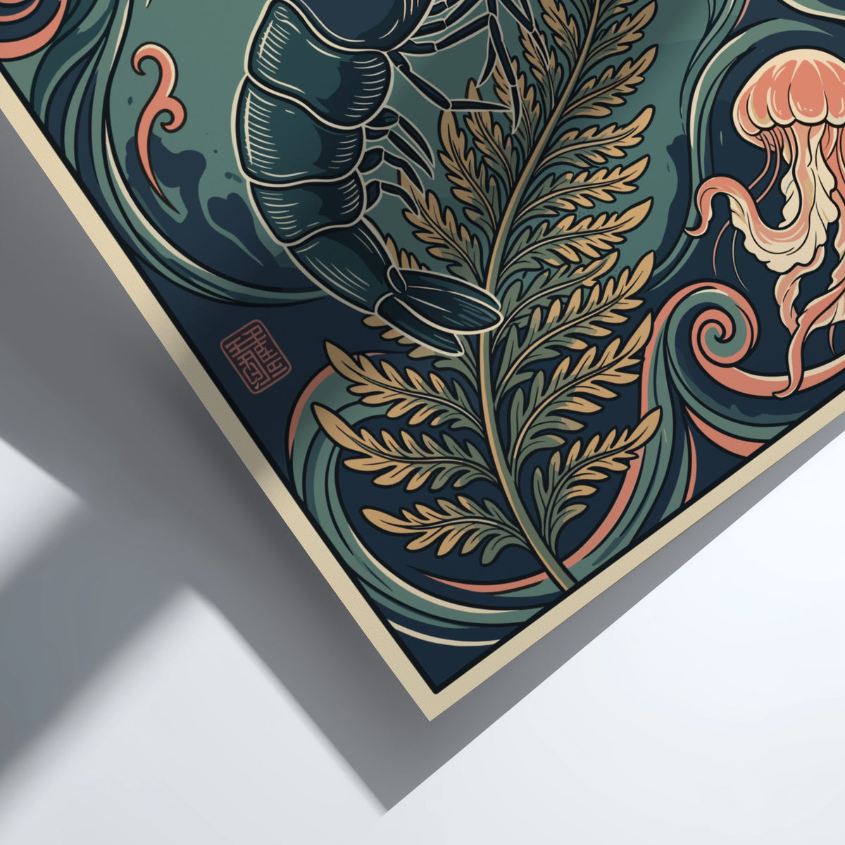Poster featuring a shrimp on kelp with jellyfish in muted blue and coral.