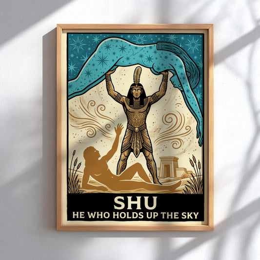 Poster showing the Egyptian god Shu holding up the blue starry sky above earth