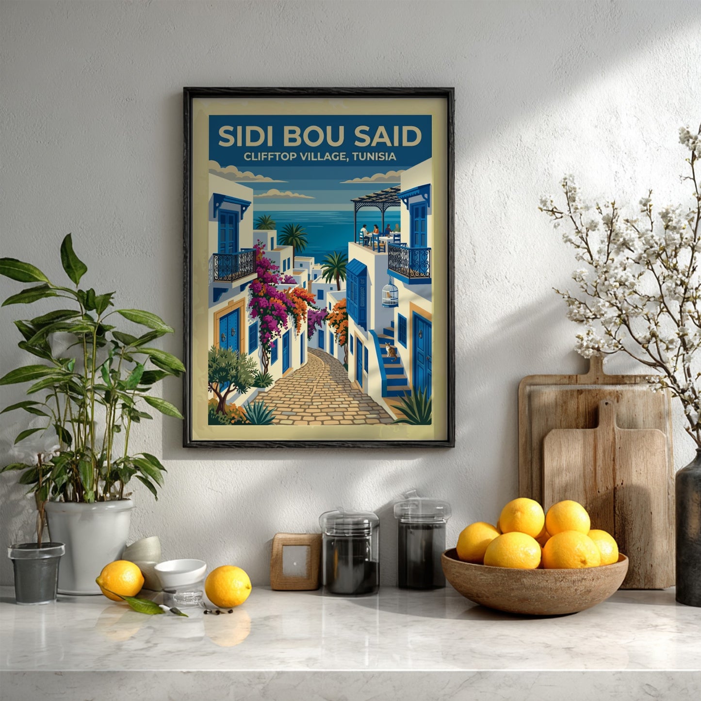 Travel poster of Sidi Bou Said featuring white buildings, blue doors, and flowers.