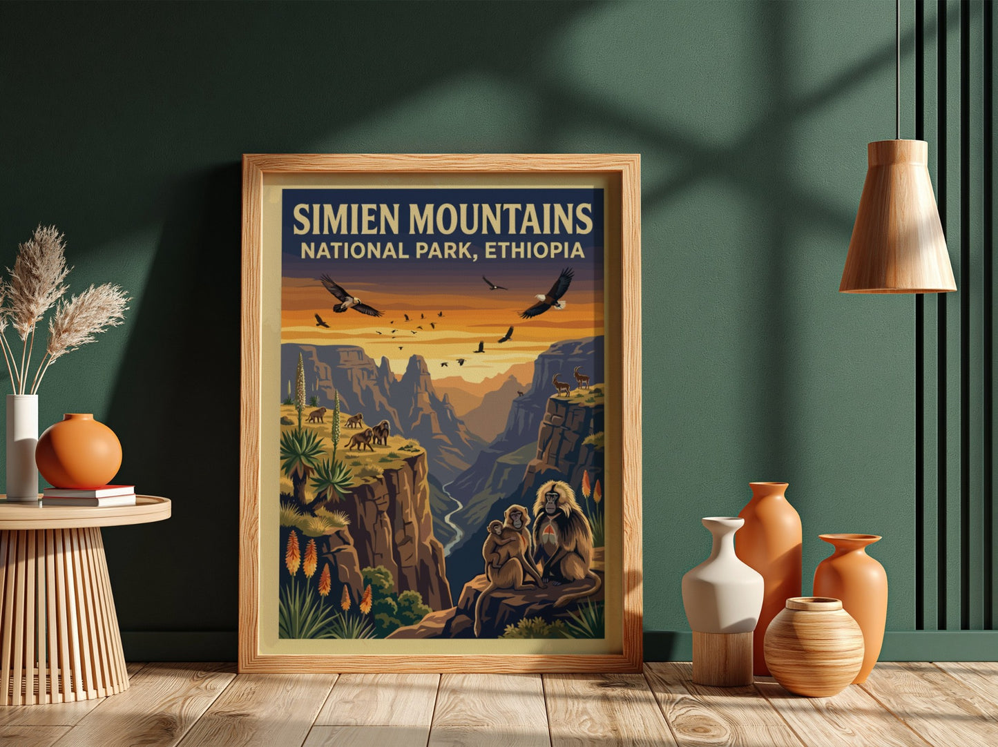 Simien Mountains poster featuring wildlife and sunset colors, nature landscape art for wall decor