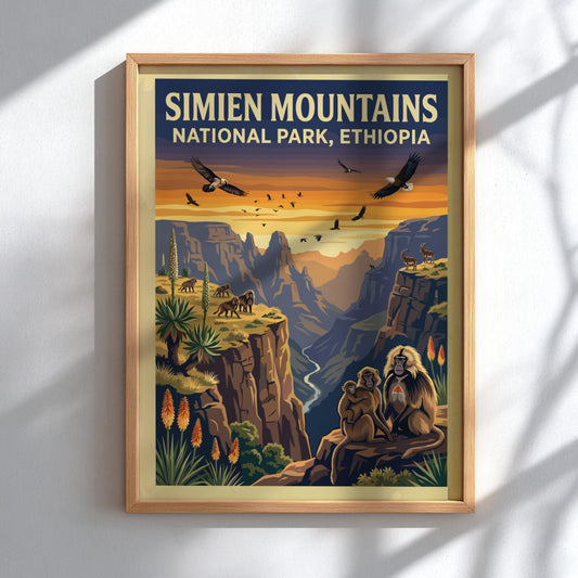 Simien Mountains poster featuring wildlife and sunset colors, nature landscape art for wall decor