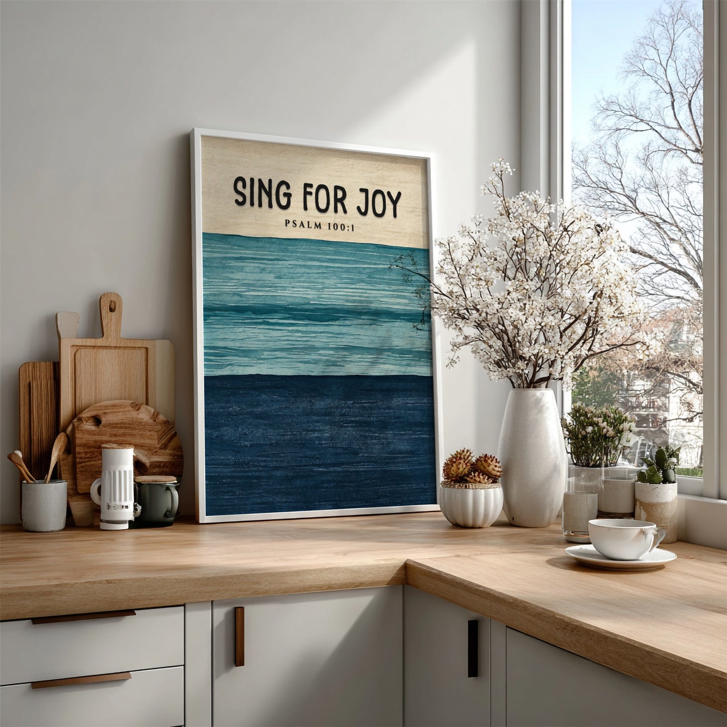 Sing for Joy poster featuring soft blues and navy, inspired by Psalm 100:1, perfect for inspirational wall