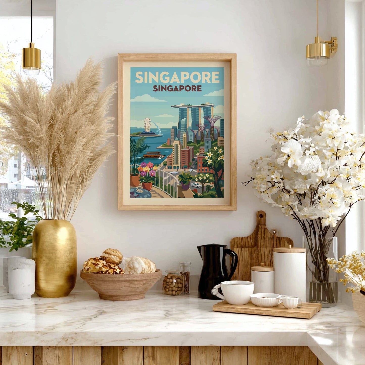 Vintage style Singapore skyline travel poster featuring Marina Bay Sands and Merlion, with a warm color