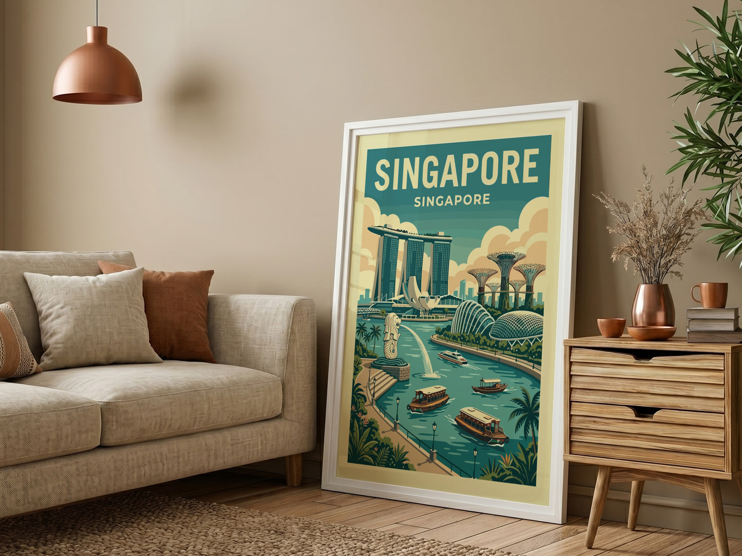Singapore skyline travel poster with Marina Bay Sands and Supertree Grove in teal and ochre tones.