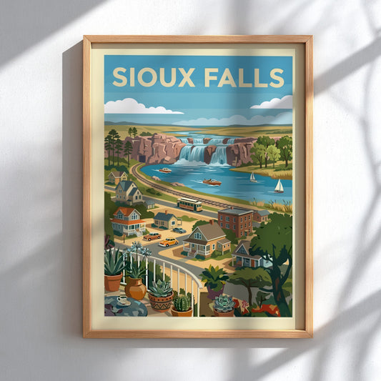 Sioux Falls waterfall travel art print featuring a vintage cityscape and vibrant colors.