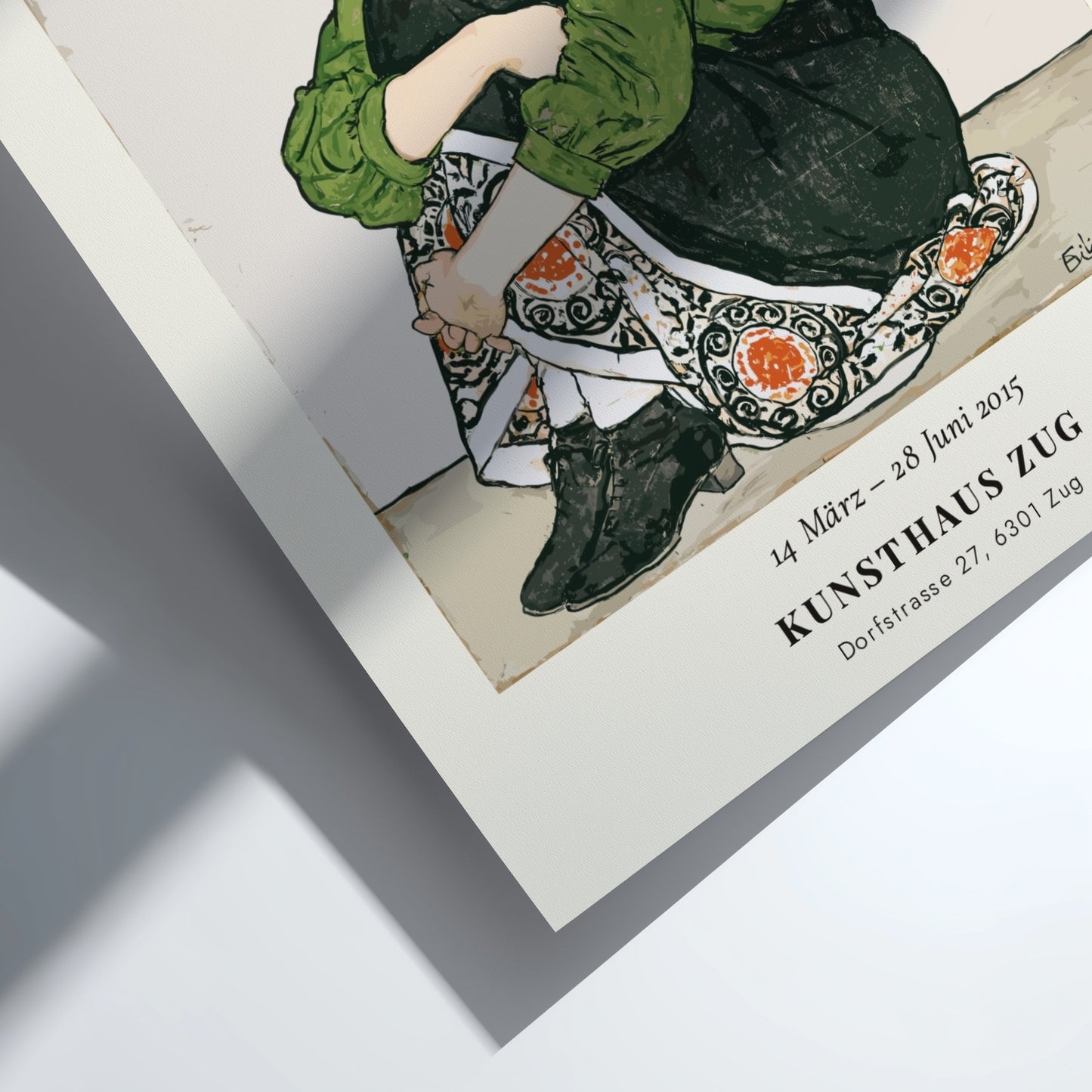 Egon Schiele exhibition poster featuring a seated woman in green and patterned skirt