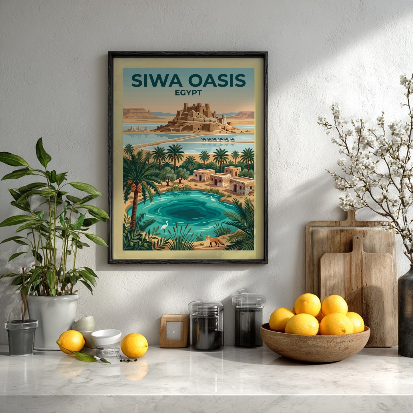Travel poster of Siwa Oasis in Egypt featuring a mudbrick fortress and palm trees.