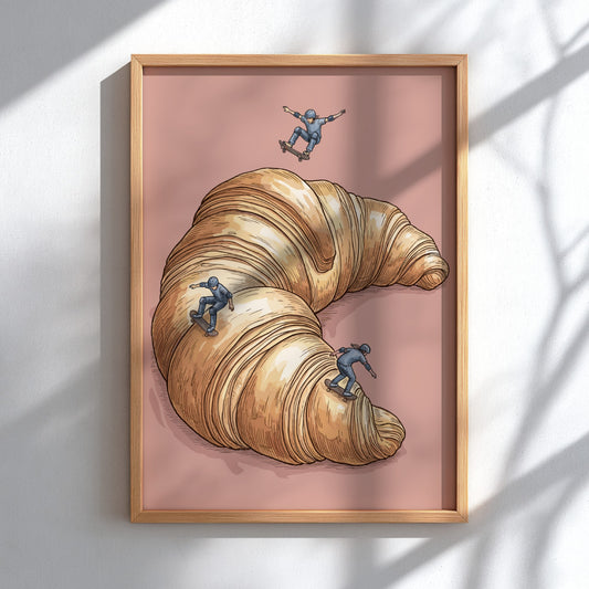 Poster featuring three skateboarders performing tricks on an oversized golden croissant pastry ramp