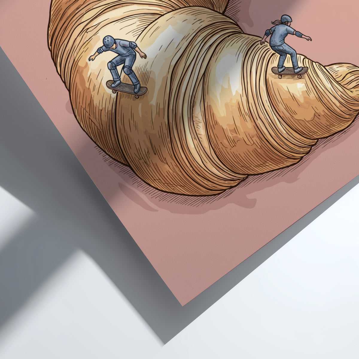 Poster featuring three skateboarders performing tricks on an oversized golden croissant pastry ramp