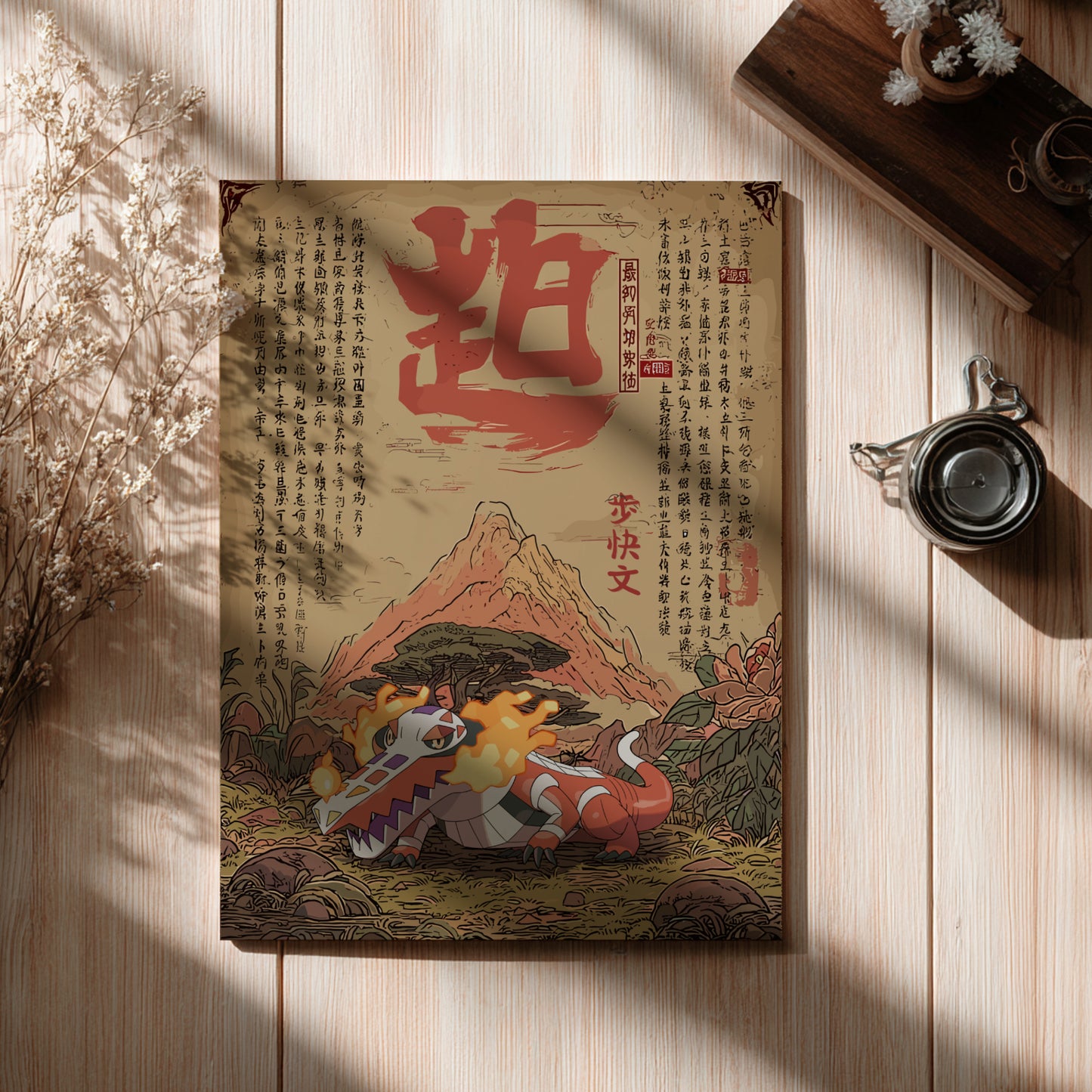 Decorative poster with a Skeledirge Pokemon design on a wooden surface