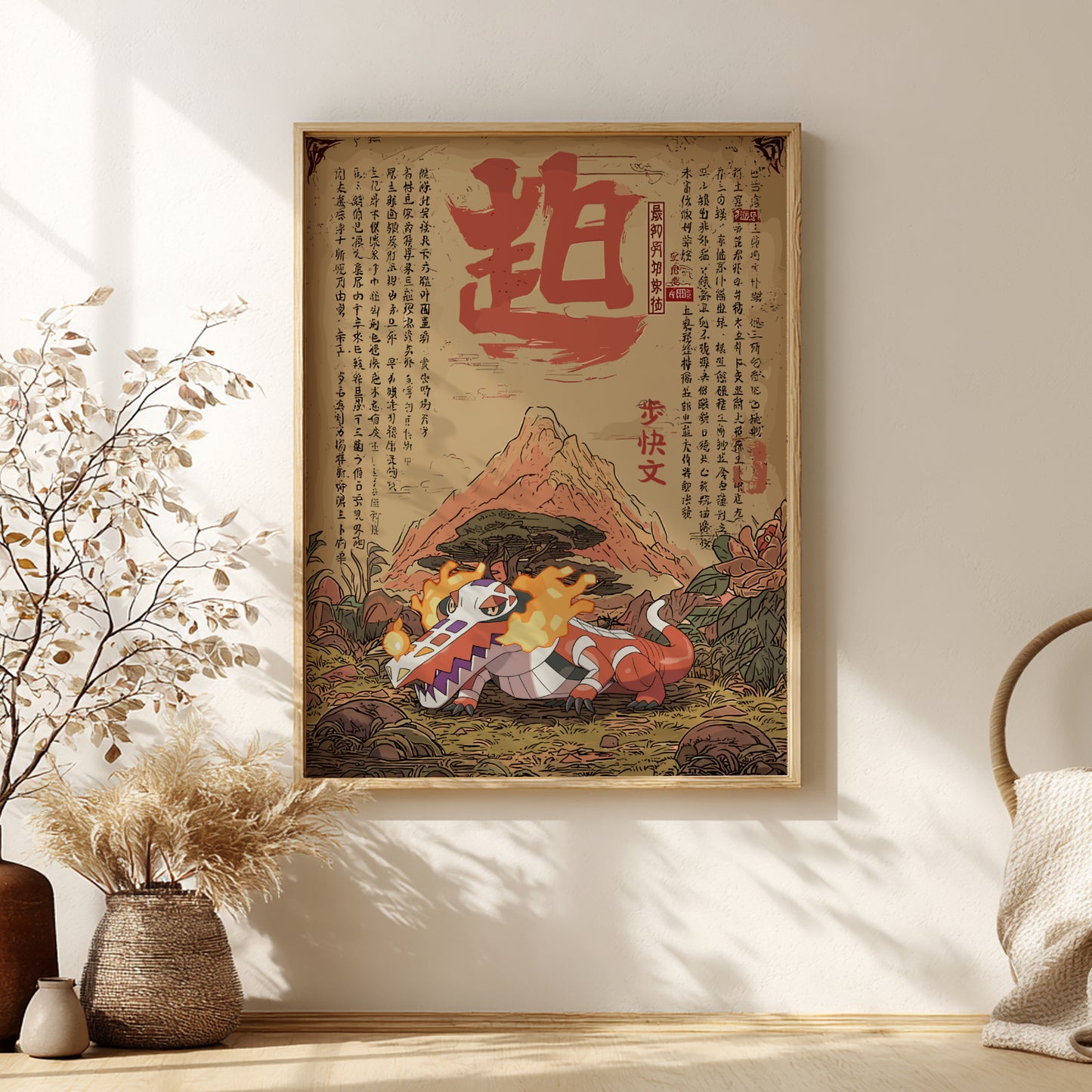 Framed artwork with traditional design of Skeledirge Pokemon and text on a wall with decorative elements.