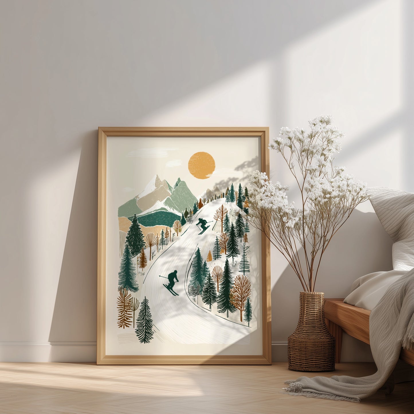 Stylized ski slopes poster with skiers, mountains, trees, and a sun in a muted color palette.