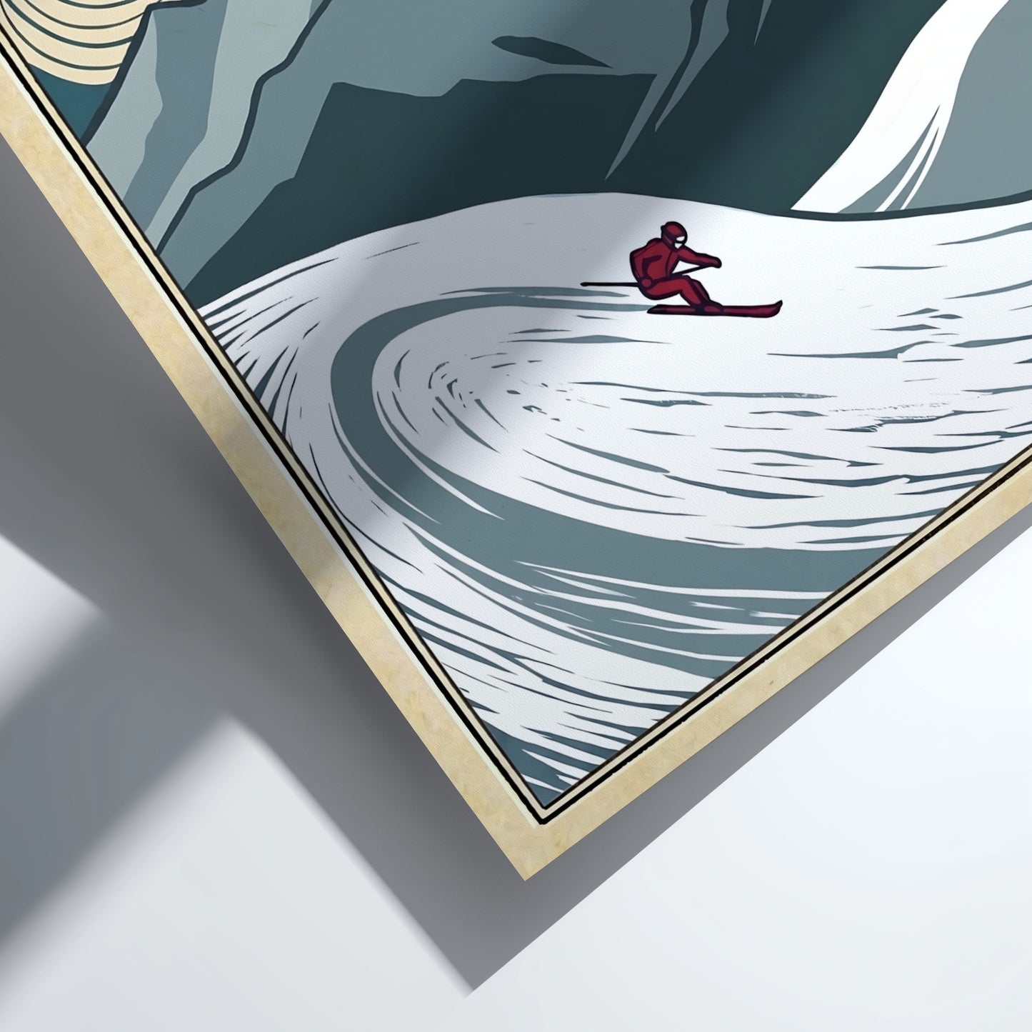 Japanese art style poster featuring a skier in swirling snow and mountains