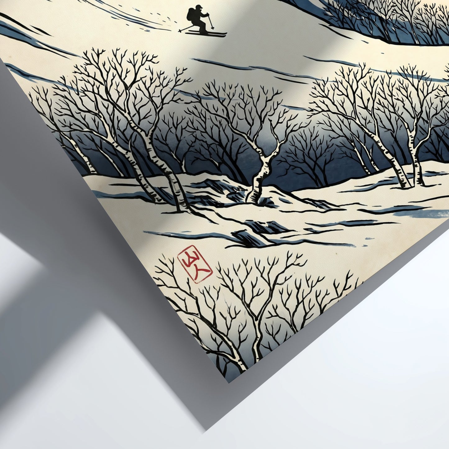 Japanese art style poster featuring a skier against a red sun and snowy mountains